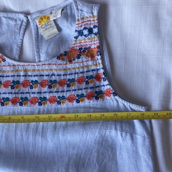 C&C California Blue Linen Floral Embroidered Sleeveless Shift Dress Size S - Picture 10 of 11